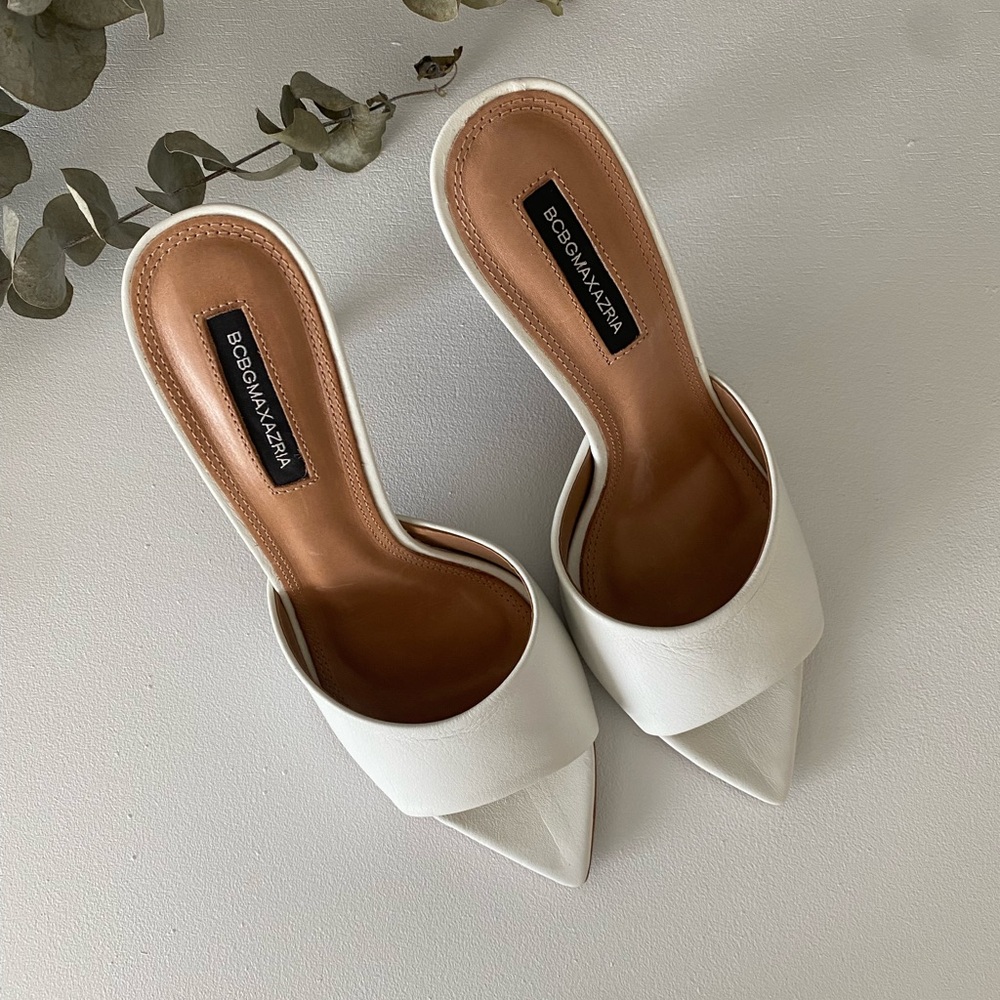 BCBGMaxAzria White Mules Sleek Minimalist Design pointed toe mule
